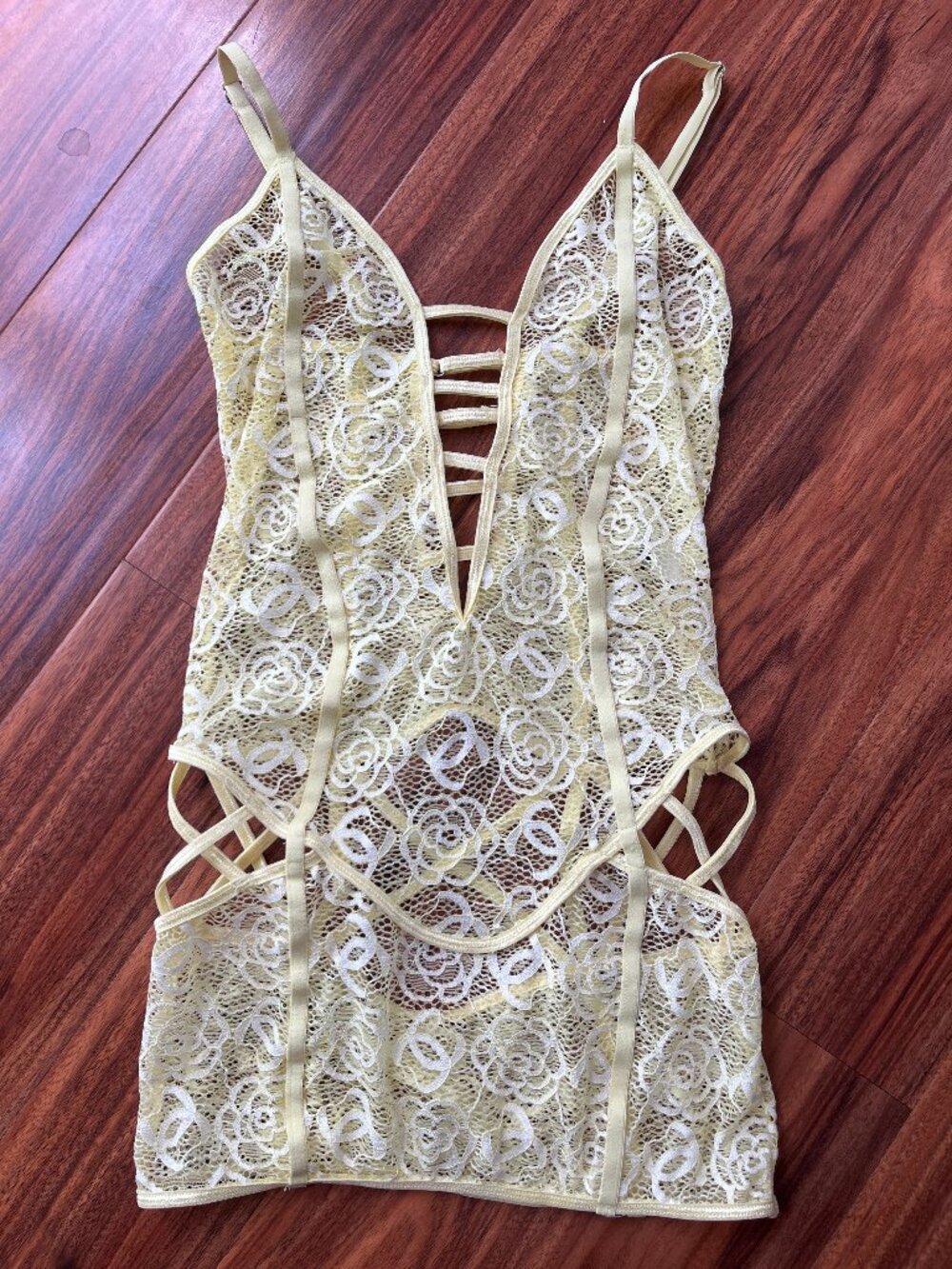 G World Intimates Lemon Lace Sexy Sheer Strappy Lingerie Mini Dress One Size